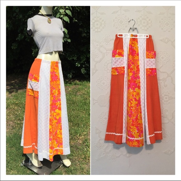 Vintage BoHo Hippie Orange White Patchwork Maxi - Picture 1 of 8